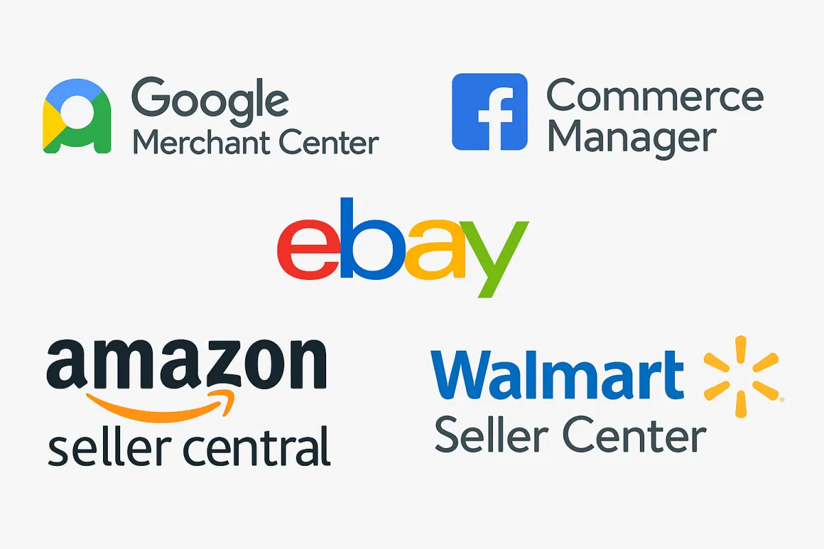 google merchant center, amazon seller central and other ecommerce logos