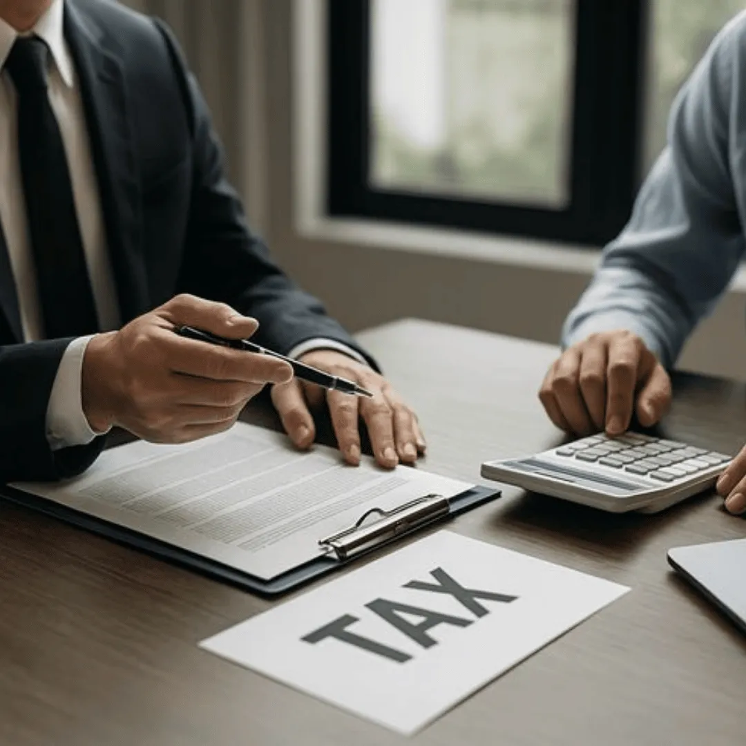  Tax planning professionals reviewing documents with calculator during tax preparation meeting.
