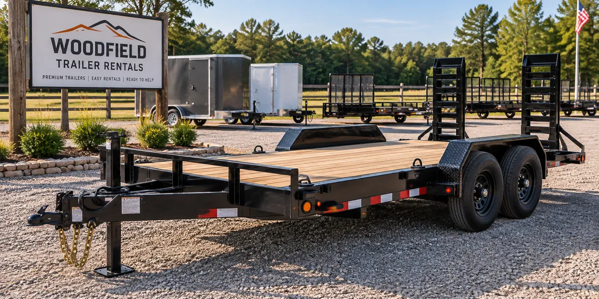 Equipment trailer staged and ready for pickup at a trailer rental location in Shelby County, Alabama.