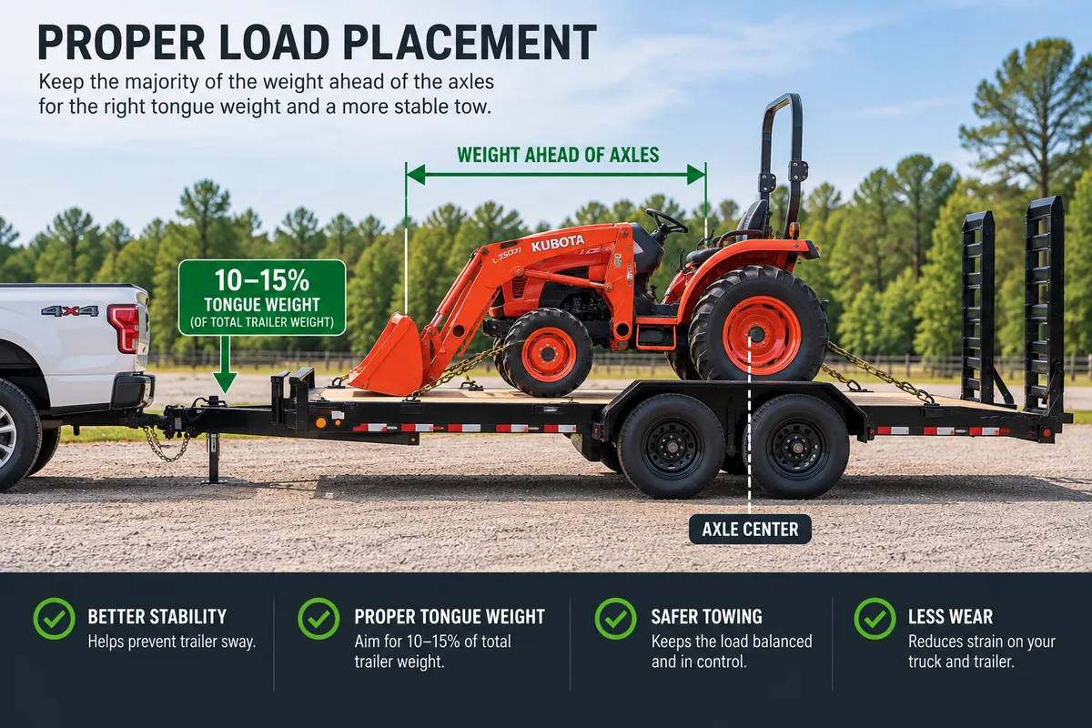 Diagram-style view of a loaded trailer showing weight positioned ahead of the axles for correct tongue weight and stable towing.