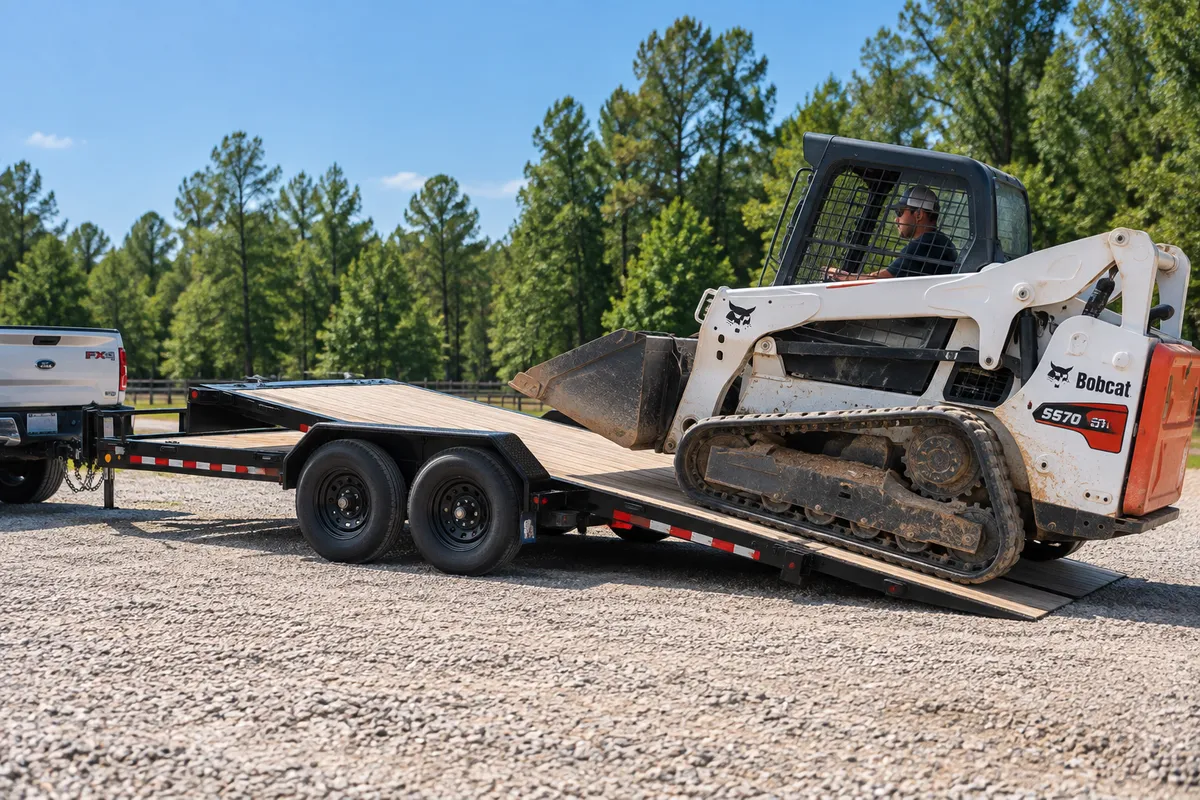 Skid steer being driven slowly onto a lowered hydraulic tilt deck equipment trailer on level ground.