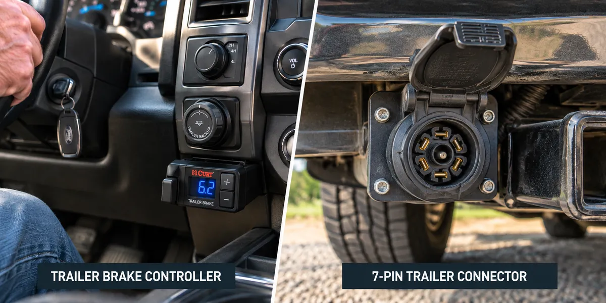 Trailer brake controller mounted under a truck dash next to a 7-pin trailer connector.