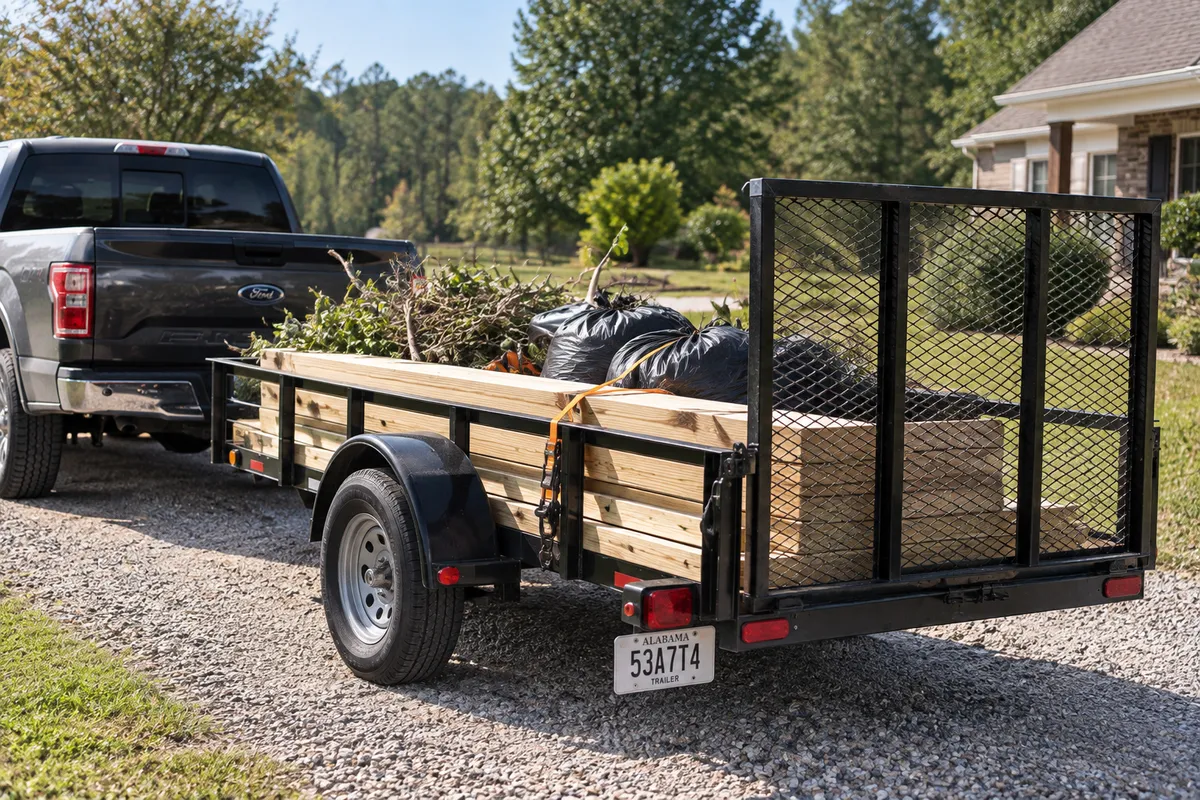 Six-by-ten utility trailer loaded with lumber and yard debris, showing a typical homeowner hauling load.