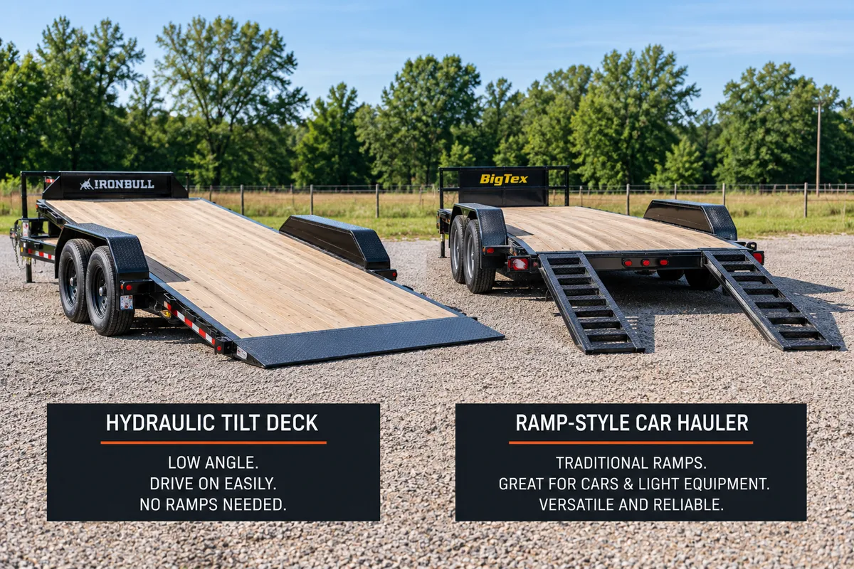 Hydraulic tilt deck trailer lowered to the ground beside a ramp-style car hauler, comparing the two loading styles.