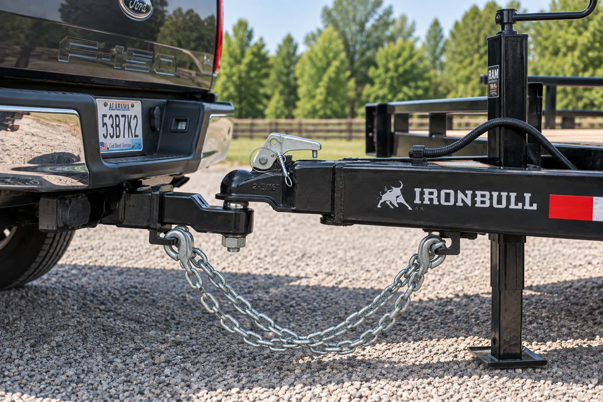 Trailer coupler seated on a hitch ball with the latch pinned and safety chains crossed underneath.