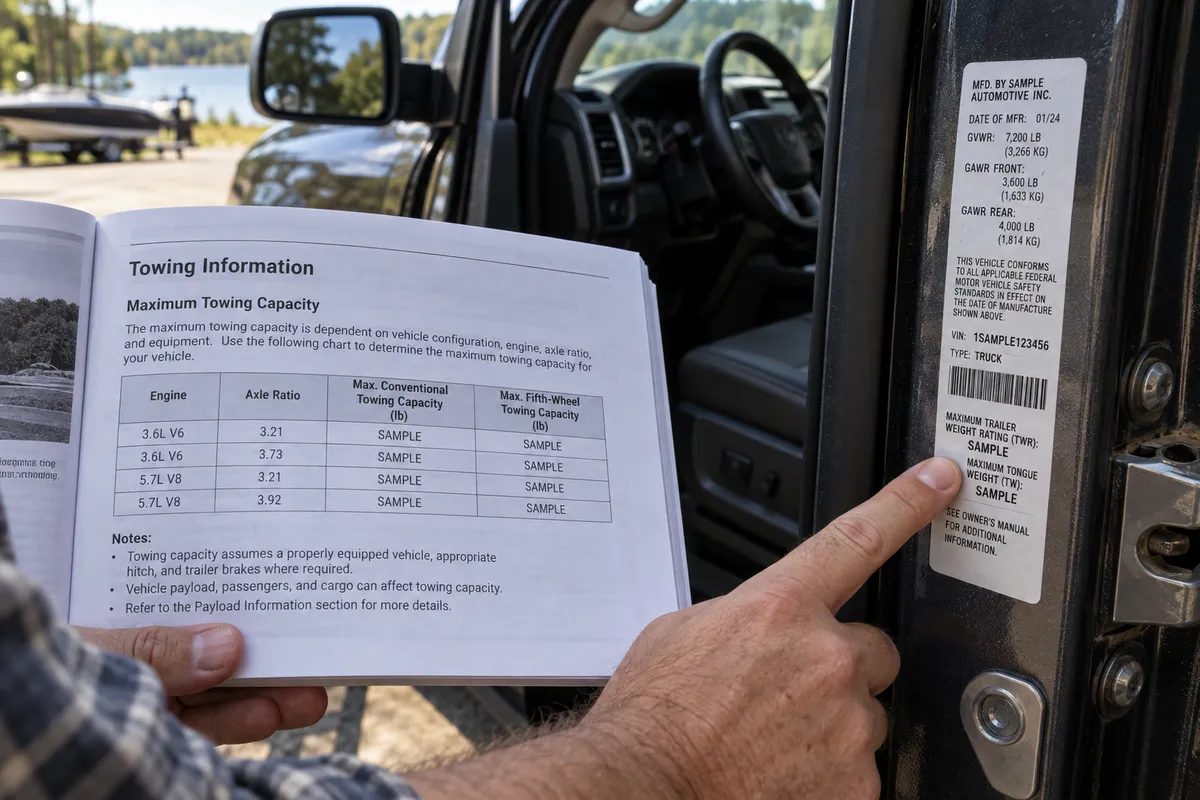 Owner's manual towing capacity table open beside a pickup truck's driver door jamb sticker.
