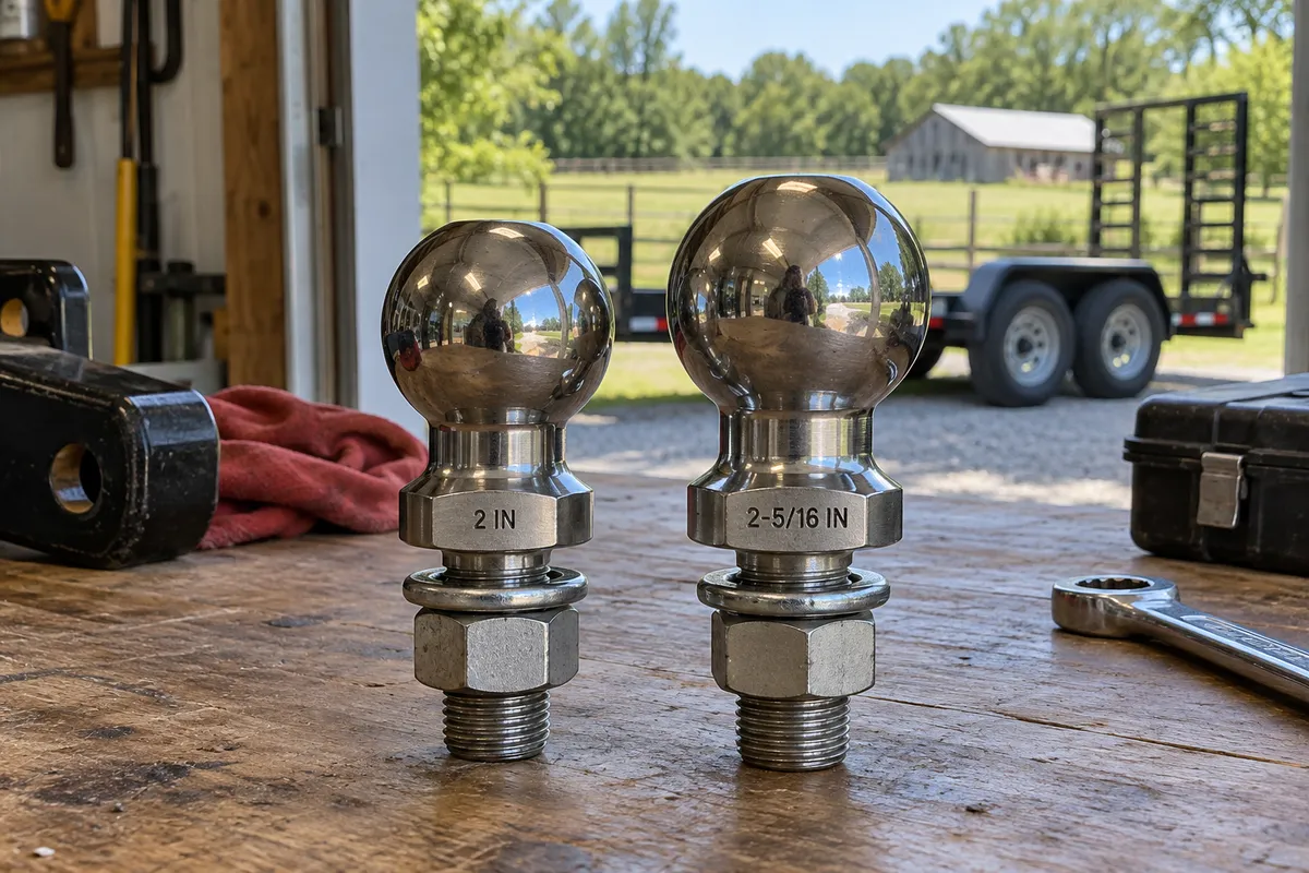Two trailer hitch balls side by side showing the size difference between 2 inch and 2-5/16 inch.