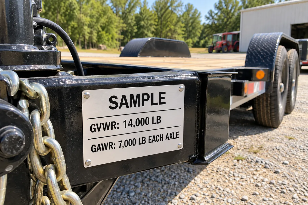 Trailer VIN plate on a trailer tongue showing GVWR and gross axle weight ratings.