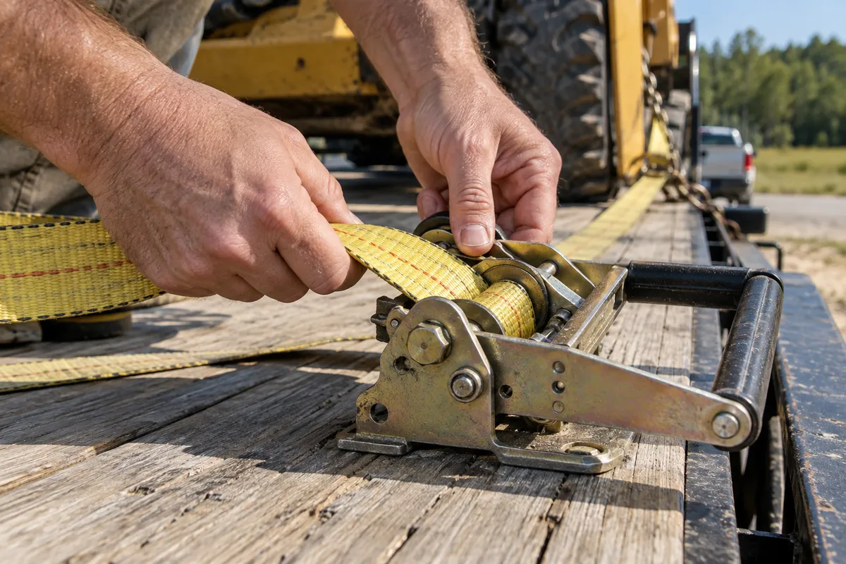 Hands threading webbing through a ratchet strap spool while securing a load to a trailer deck.
