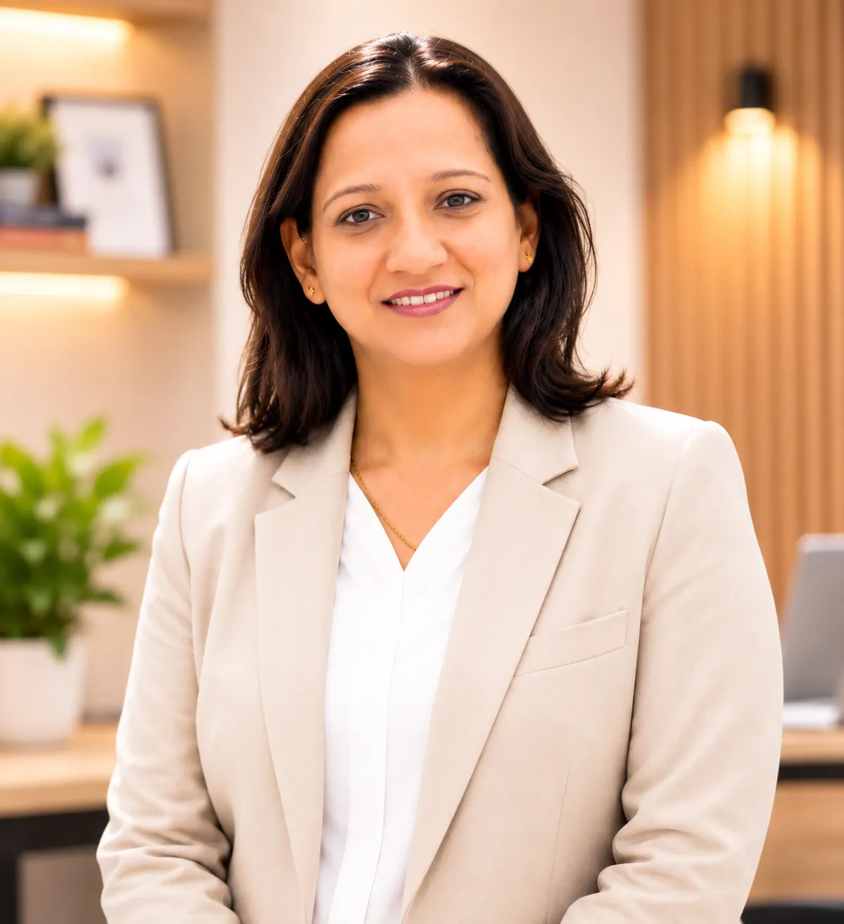 Professional head-and-shoulders portrait of an Indian woman in her thirties, smiling, in business clothing, against a LIGHT softly blurred background