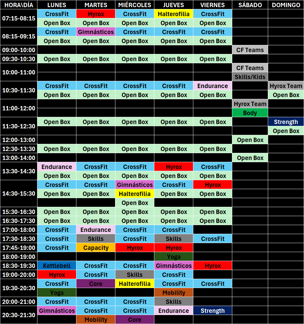 tabla con horario de clases del centro