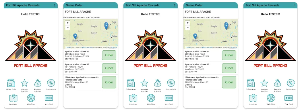 Fort Sill Apache mobile app interface showcasing rewards program, store locations, and online ordering features.