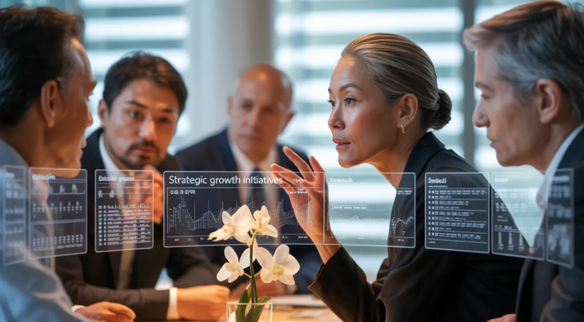 AI leadership training for executives - strategic business meeting with data analytics.