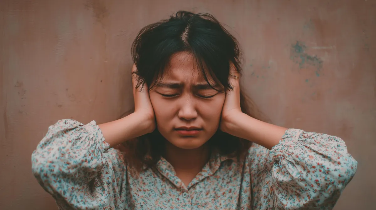 Woman overwhelmed by anxiety covering her ears, illustrating how anxiety can feel intense, intrusive, and difficult to switch off.