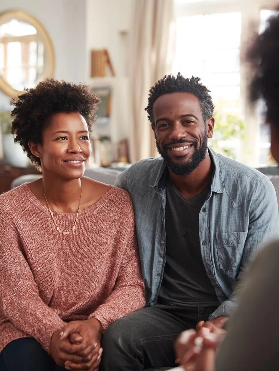 Couple feeling comfortable during couples counselling focused on communication and relationship support