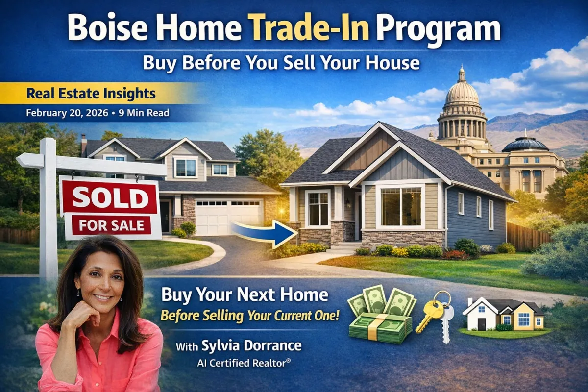 Sylvia Dorrance, Boise REALTOR®, promoting the Boise Home Trade-In Program that allows homeowners to buy a new home before selling their current house, featuring Boise homes, a sold sign, and Idaho State Capitol backdrop.