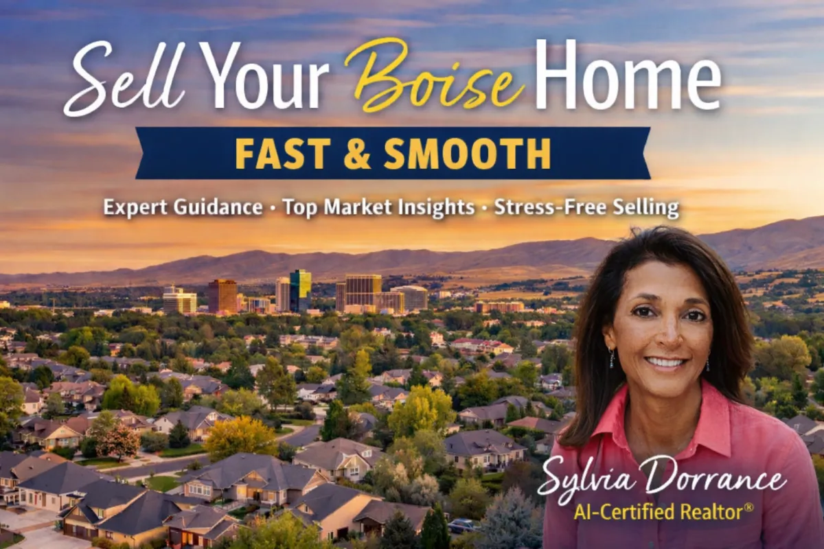 Sell Your Boise Home cover image featuring Sylvia Dorrance in a pink blouse smiling against a sunset aerial view of Boise, Idaho with the downtown skyline, residential neighborhoods, and foothills in the background, promoting fast and smooth home selling services.