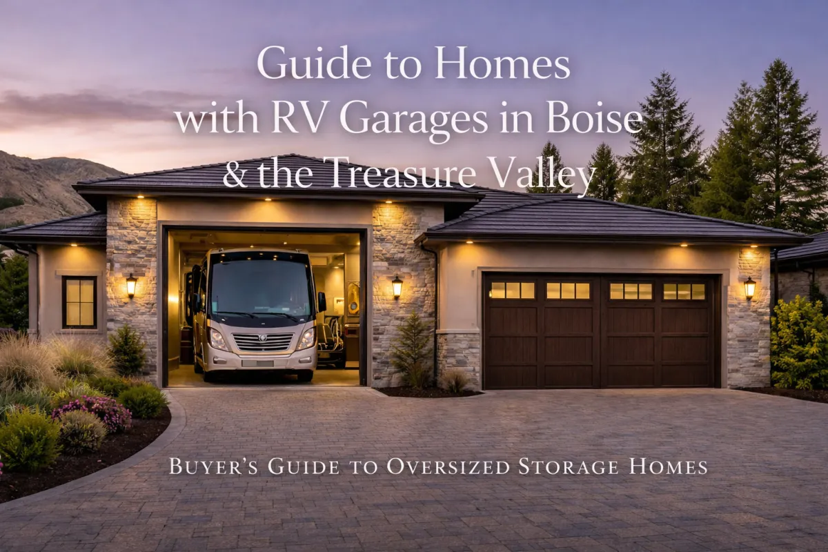 Luxury home in Boise, Idaho with attached RV garage and traditional two-car garage, twilight exterior, Treasure Valley RV and boat storage property.