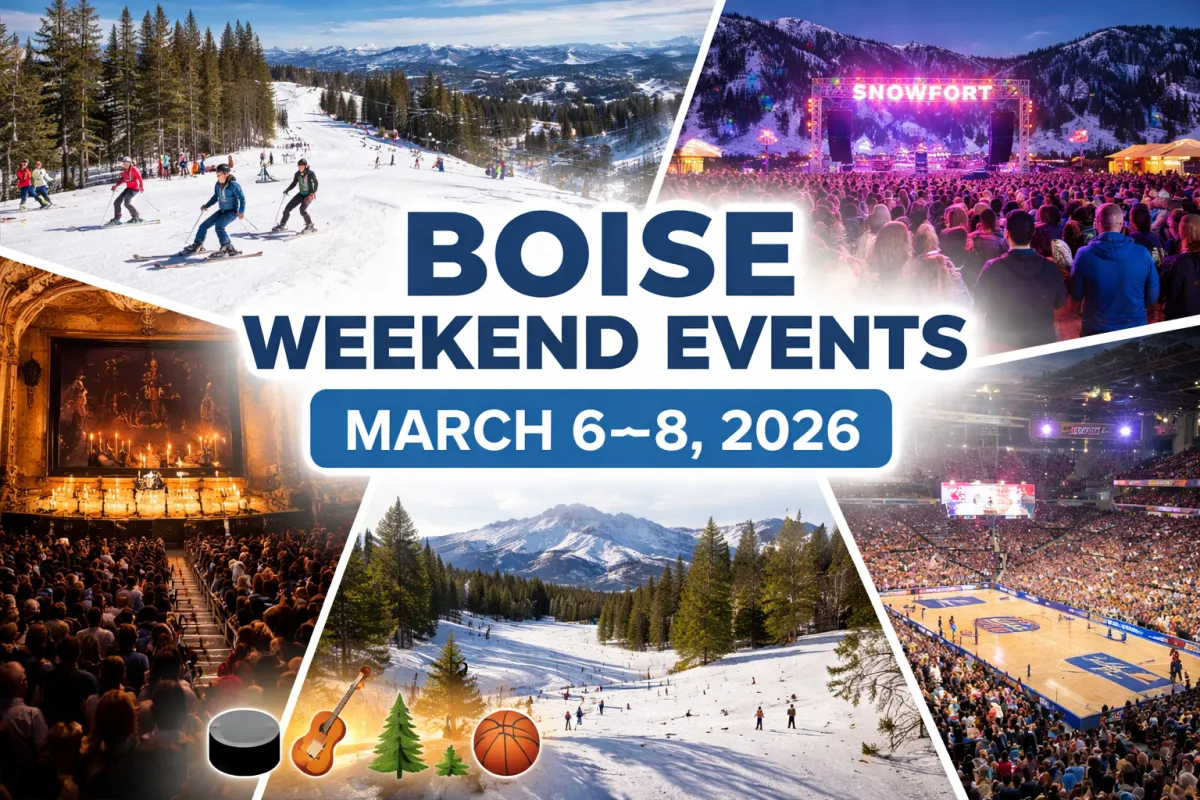 Boise Idaho weekend events collage featuring skiing at Bogus Basin, Snowfort music festival at Tamarack Resort, live performance at the Egyptian Theatre, and a basketball championship game in the Treasure Valley for March 6–8, 2026