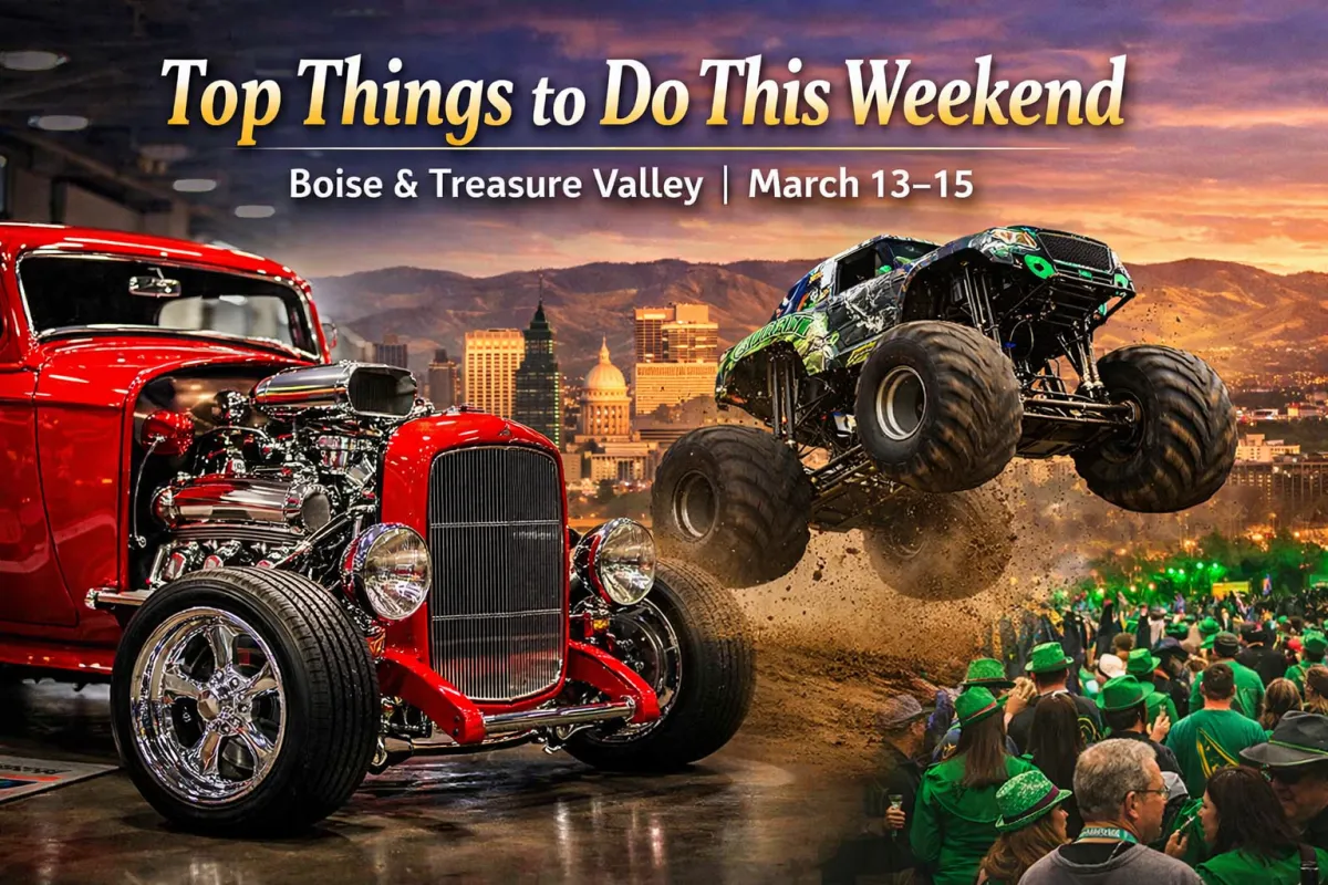 Boise weekend events including the Boise Roadster Show, Monster Jam, and St. Patrick’s Day celebrations with the Boise skyline.