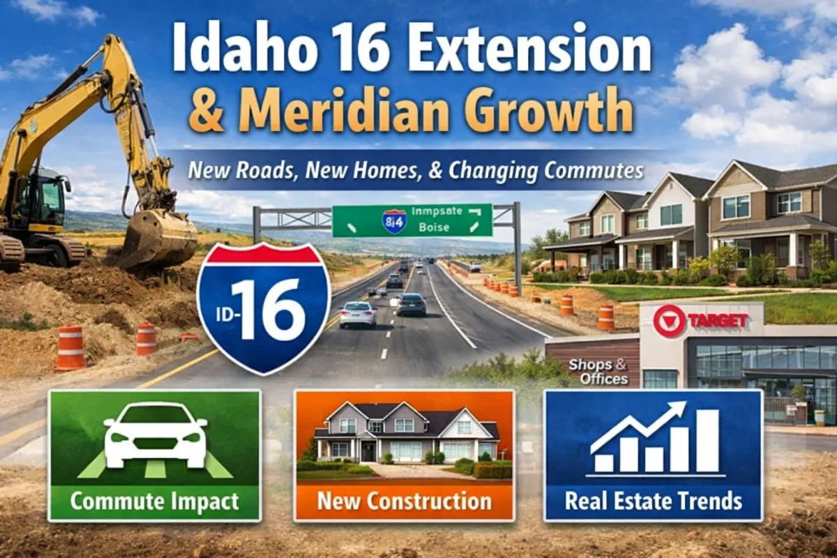 Idaho 16 extension Meridian Idaho highway construction with new construction homes and commercial development highlighting commute impact and real estate growth in the Boise Treasure Valley