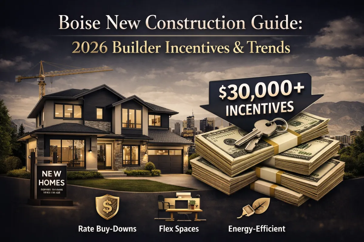 Luxury modern new construction home in Boise, Idaho with gold-accented design showcasing 2026 builder incentives, rate buy-downs, and energy-efficient features