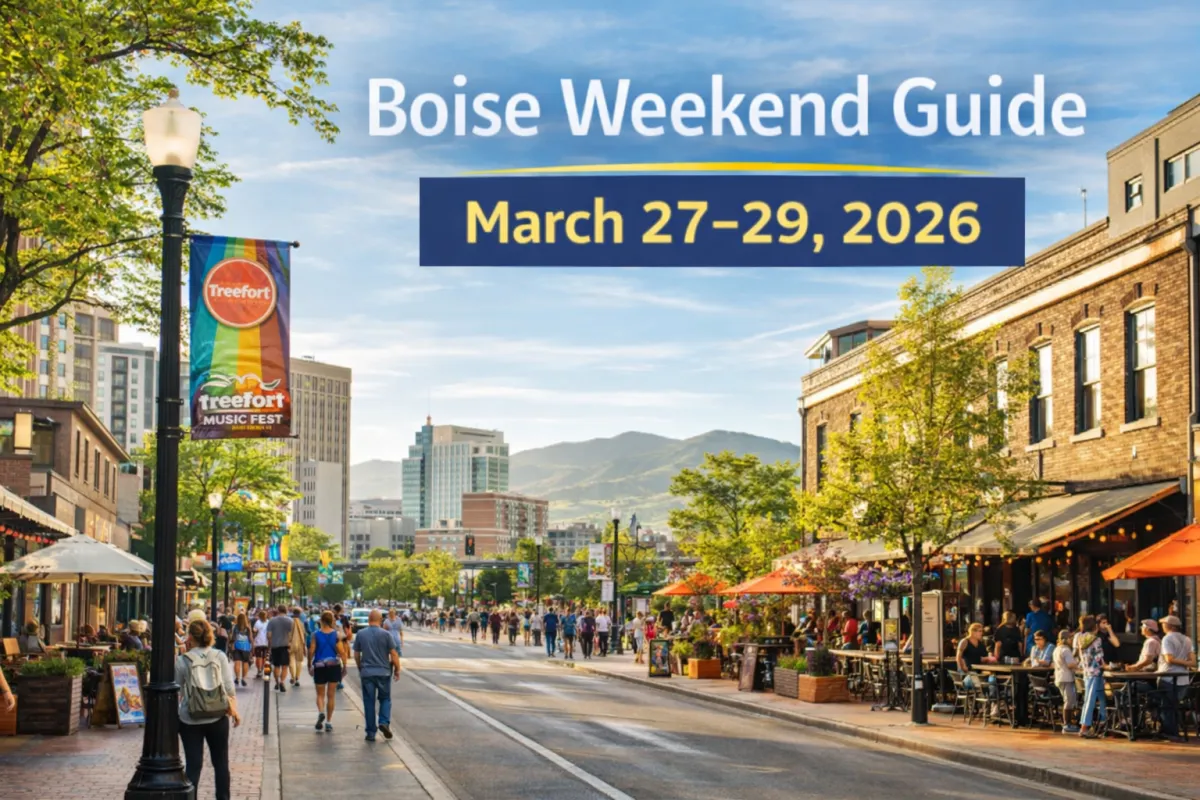Downtown Boise street scene during a spring weekend with people walking, outdoor dining, and city skyline, representing Boise weekend events and local lifestyle in the Treasure Valley.