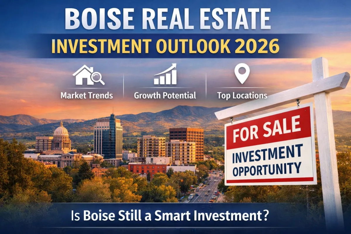 Boise Idaho skyline with foothills and real estate for sale sign illustrating 2026 Boise real estate investment outlook and Treasure Valley housing market trends
