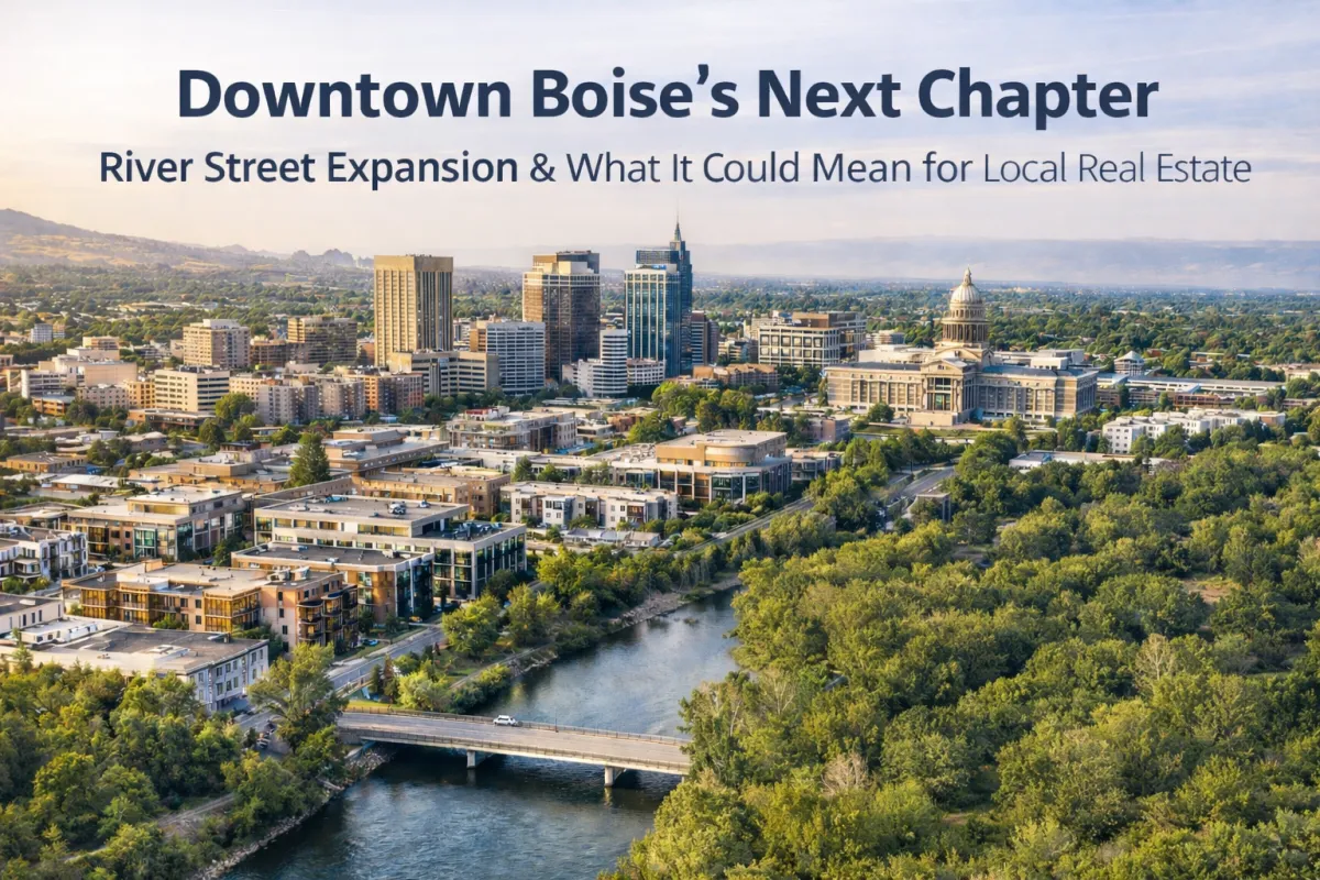 Downtown Boise skyline with the Boise River and Idaho State Capitol at sunset, illustrating River Street expansion and its impact on local real estate and downtown growth