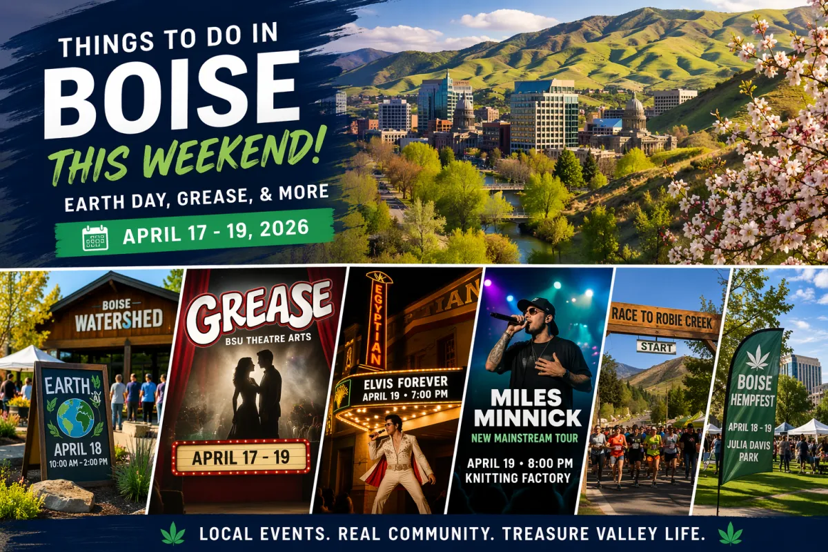 Boise weekend events April 17–19, 2026 featuring downtown Boise, foothills, and local events including Earth Day, GREASE, Elvis tribute, and Race to Robie Creek