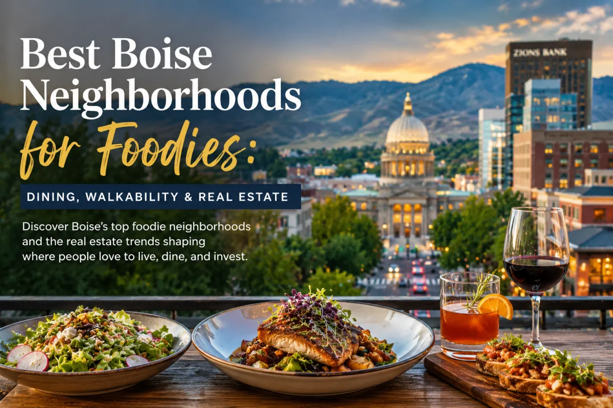 Boise neighborhood street with historic homes and busy restaurants