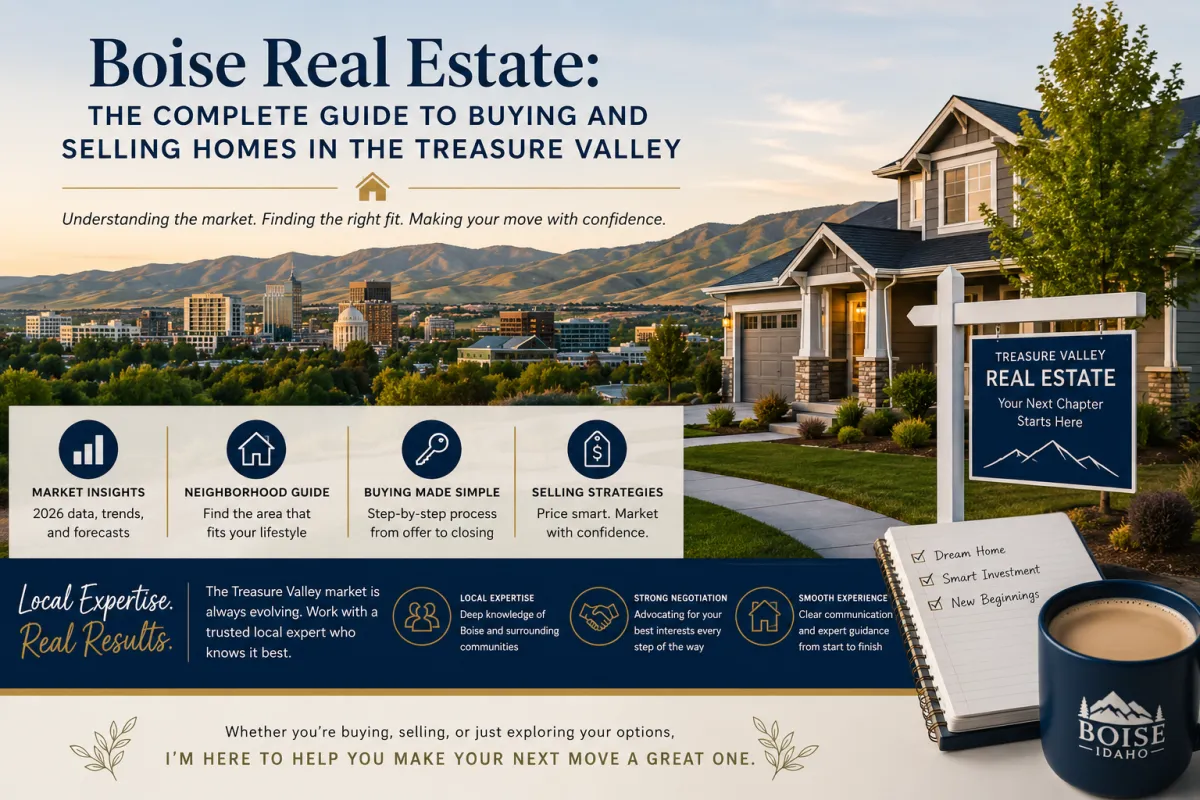 Modern Boise, Idaho real estate blog cover featuring the Boise skyline, Treasure Valley foothills, and an upscale residential home at sunset with text overlay about buying and selling homes in the Treasure Valley.