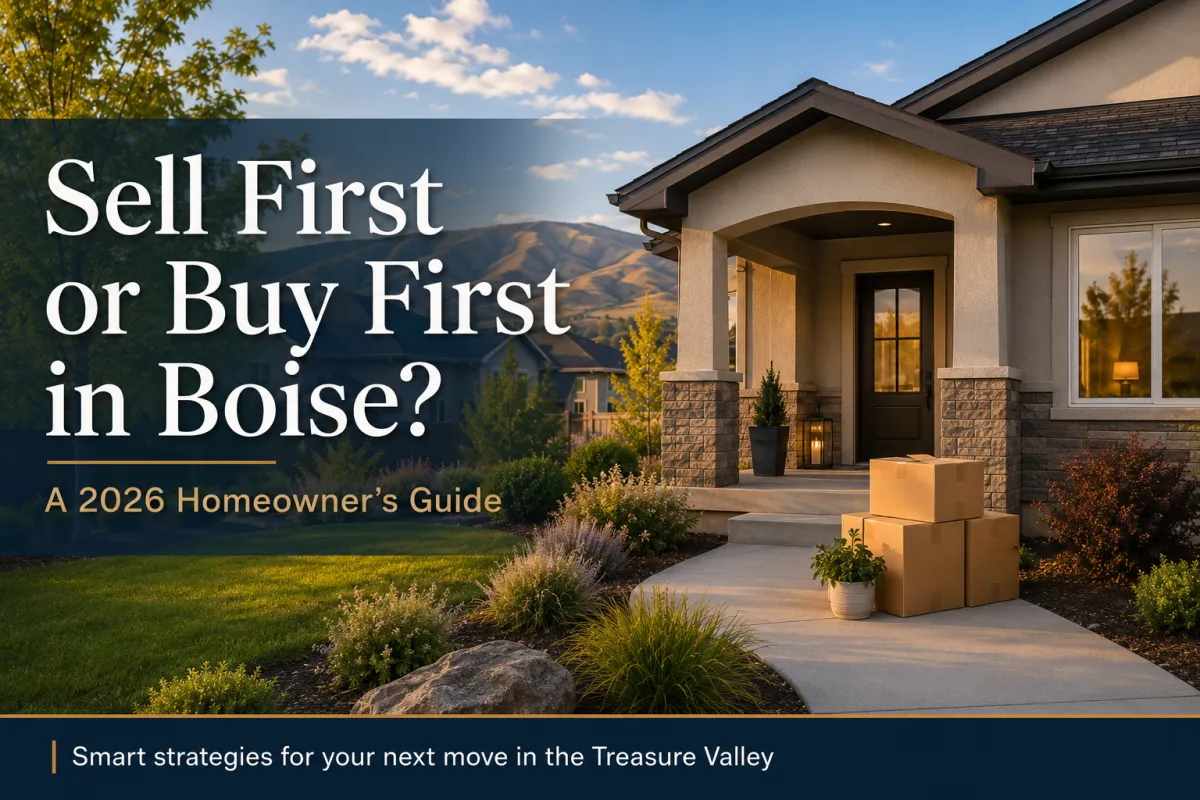 Blog cover image showing a Boise-area home with foothills in the background and moving boxes, with text about whether to sell first or buy first in Boise.