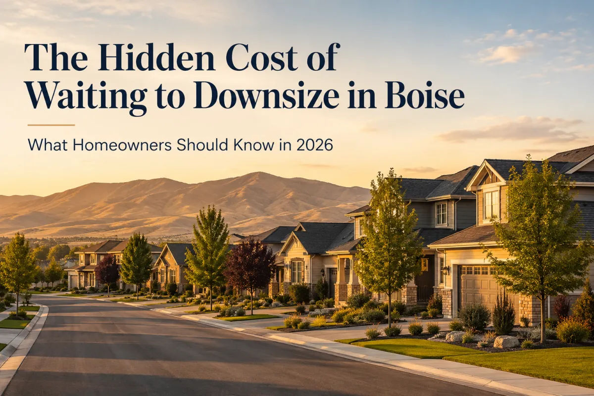 Boise neighborhood with foothills at sunset and text reading The Hidden Cost of Waiting to Downsize in Boise.