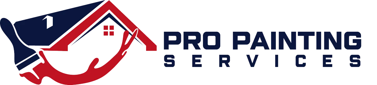Pro Painting Services logo featuring house and a paint brush in dark blue and red.
