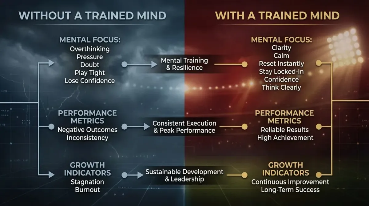 Comparison chart showing the difference between athletes with an untrained mind and those with a trained mind. Highlights mental focus, performance metrics, and growth indicators—emphasizing how mental training leads to clarity, confidence, consistent execution, and long-term success.