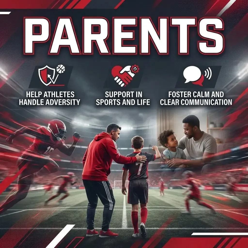 Supportive graphic for sports parents, showing parent and child on a football field. Lists how parents can help athletes handle adversity, support life skills, and improve communication.  
