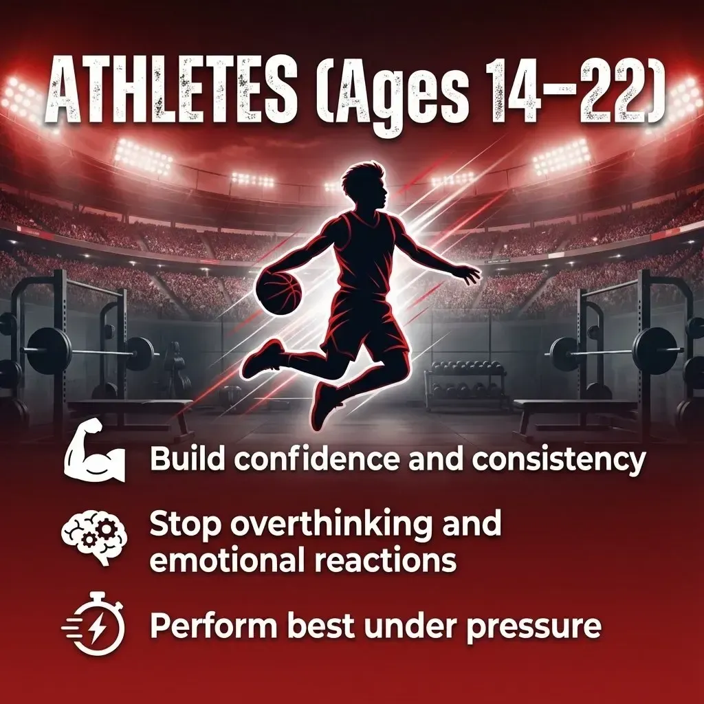 Graphic for teen athletes ages 14–22 with bold stadium background, showing silhouette of a basketball player mid-air. Highlights benefits like building confidence, stopping overthinking, and performing under pressure.