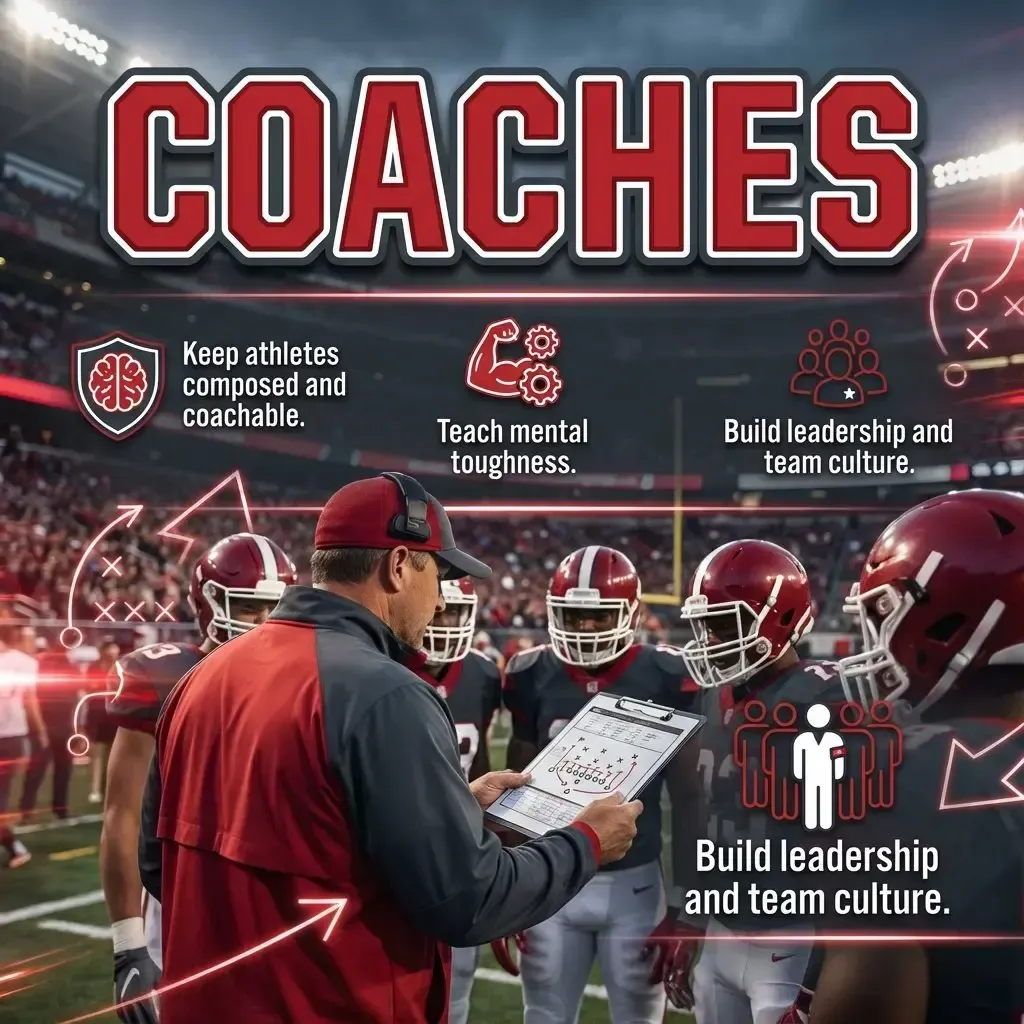 Graphic for youth sports coaches with team huddle scene. Features goals like building coachable athletes, teaching mental toughness, and developing team leadership and culture. 