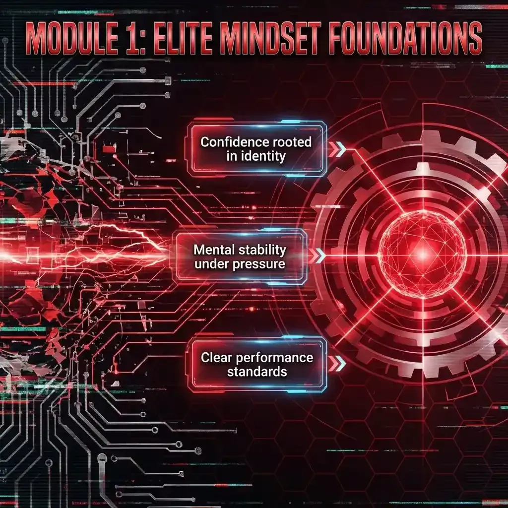 Module 1 Elite Mindset Foundations graphic showing a futuristic red and black digital system stabilizing from fragmented chaos into a strong glowing core, symbolizing confidence, mental stability, and elevated performance standards