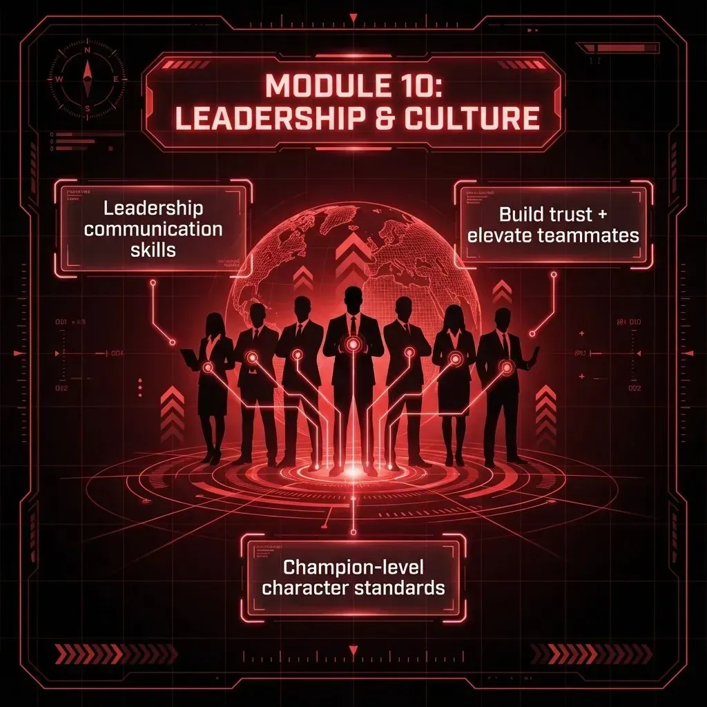 Module 10 Leadership and Culture graphic featuring digital team silhouettes, glowing communication lines, and upward movement symbols representing leadership skills, trust-building, and elite athletic culture.