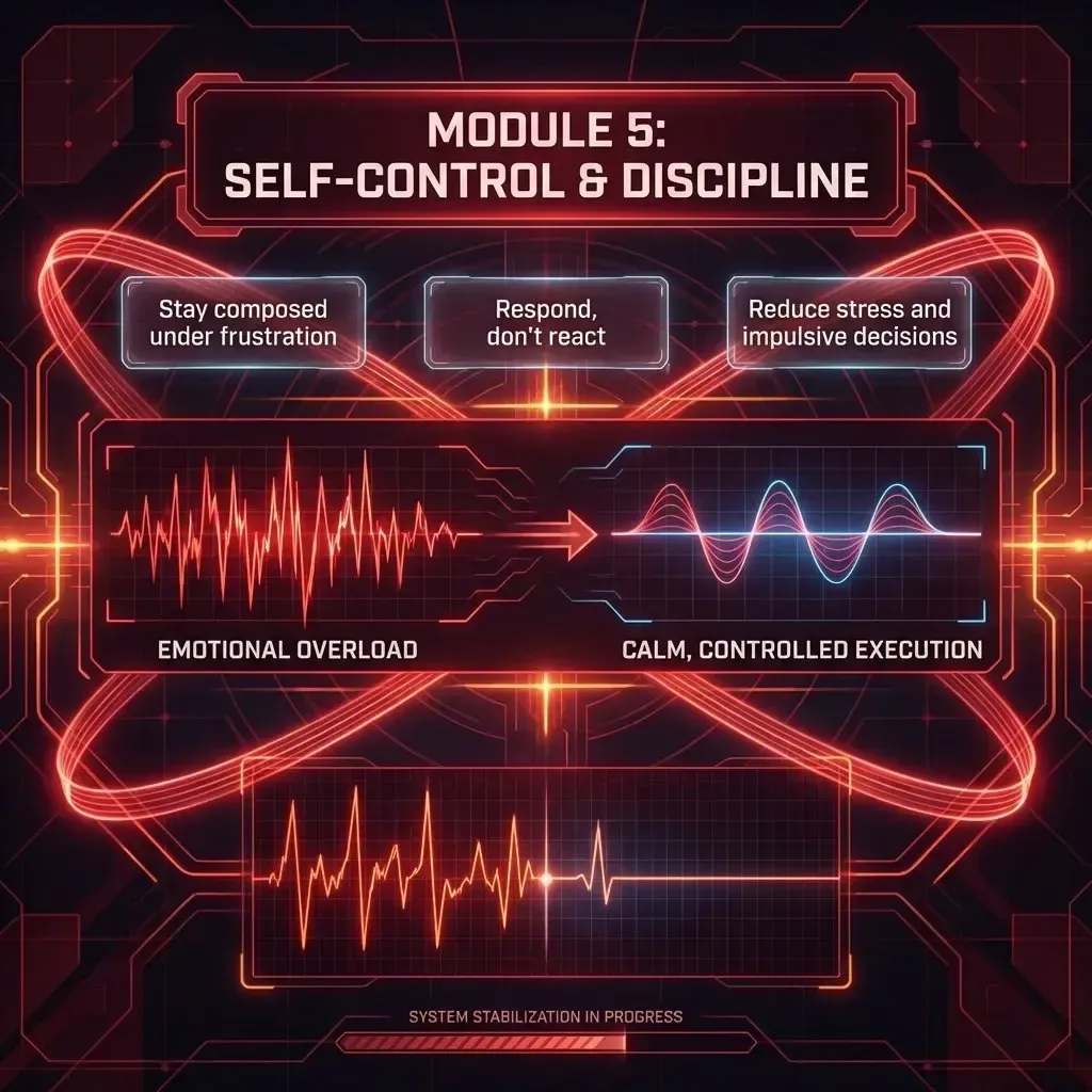 Module 5 Self-Control and Discipline graphic with red and black biometric HUD elements showing emotional stabilization, calm responses, and disciplined decision-making for athletes under pressure.