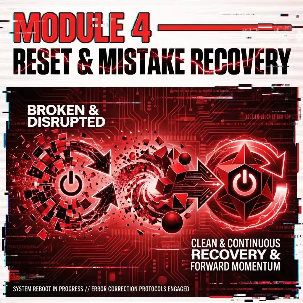 Module 4 Reset and Mistake Recovery graphic depicting a broken digital system rebooting into clean recovery and forward momentum, representing emotional control, instant resets, and mistake recovery skills.