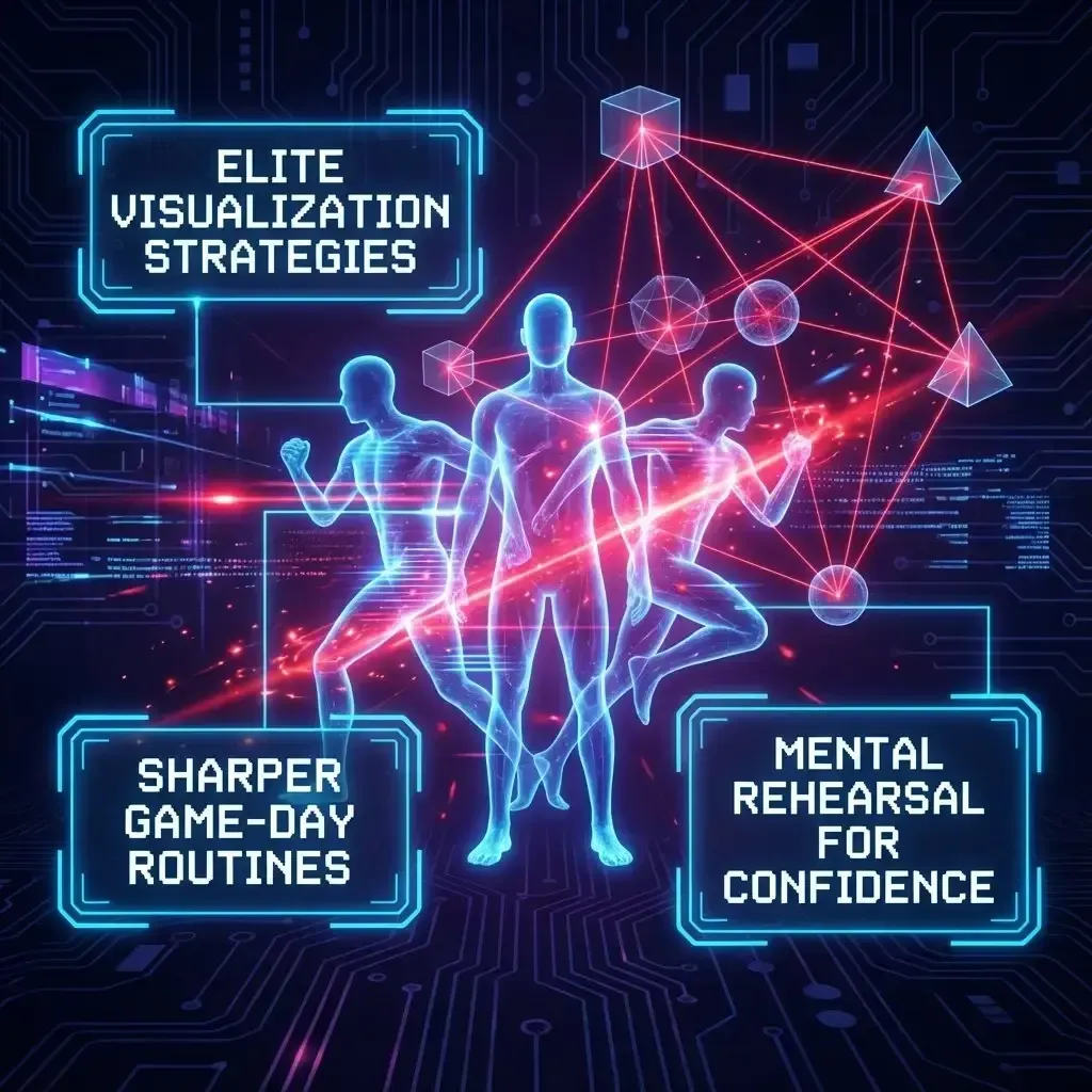 Module 6 Visualization and Game Prep graphic displaying holographic athlete silhouettes, digital projection lines, and mental imagery effects representing elite visualization and game-day mental preparation.