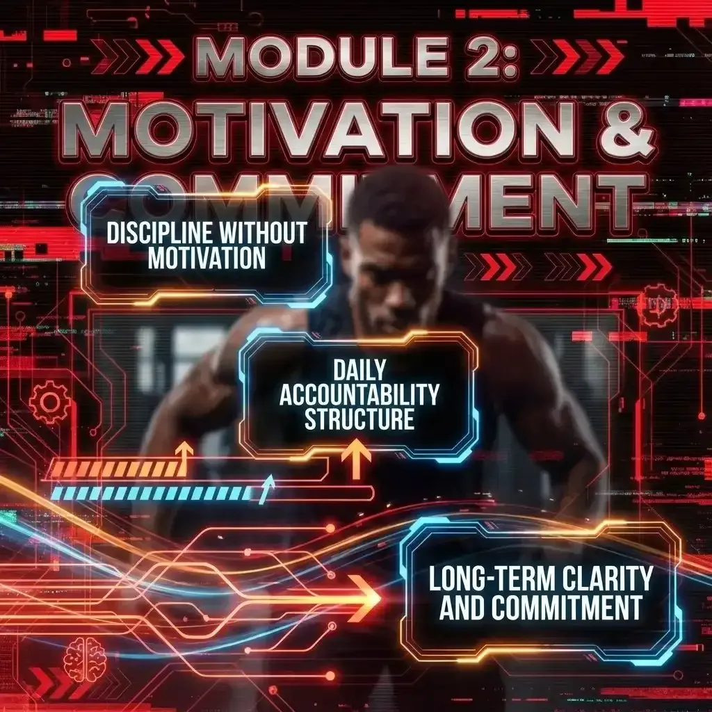 Module 2 Motivation and Commitment graphic with red and black tech visuals, progress bars, and forward-moving energy lines representing discipline, daily accountability, and long-term athlete commitment.