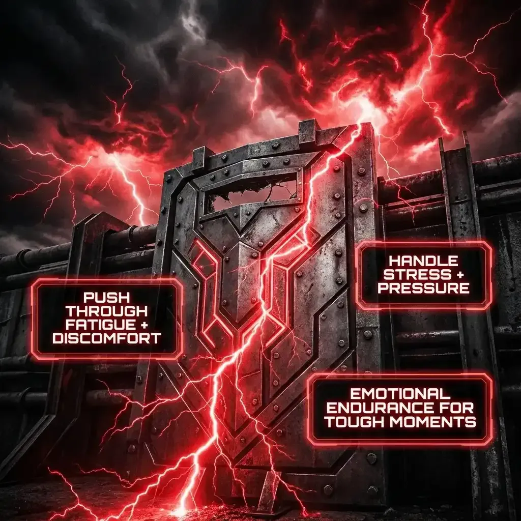 Module 8 Mental Toughness for Adversity graphic with cracked textures transforming into reinforced digital armor, symbolizing resilience, emotional endurance, and handling stress and pressure.