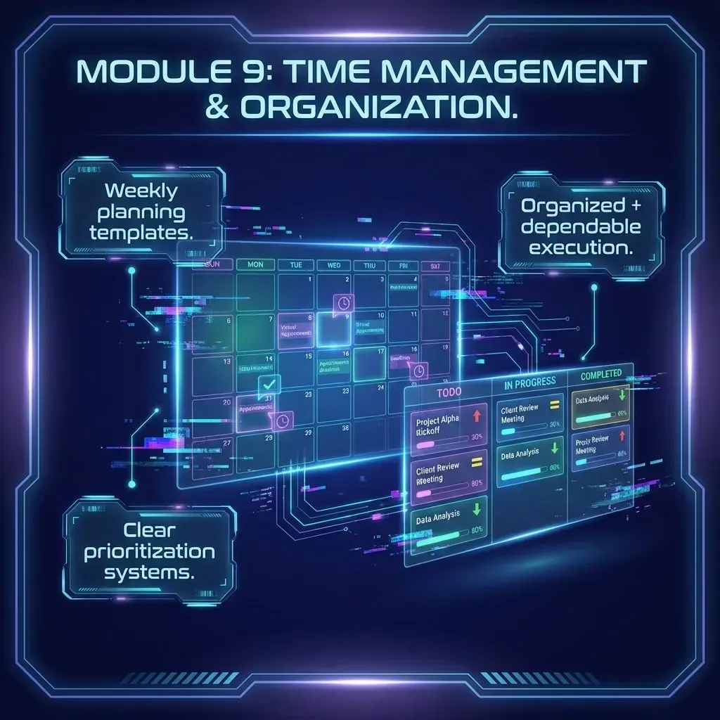 Module 9 Time Management and Organization graphic showing holographic calendars, task grids, and optimized scheduling displays representing planning, prioritization, and structured execution for athletes.