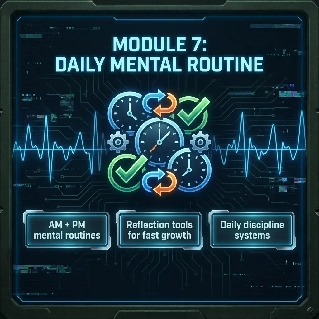 Module 7 Daily Mental Routine graphic featuring digital clocks, loop symbols, and organized workflow HUD visuals symbolizing consistent routines, reflection tools, and daily discipline systems.