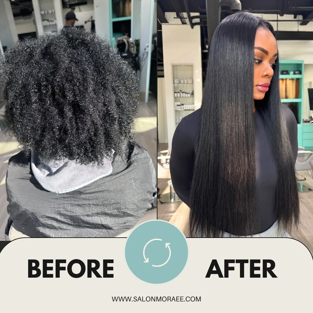 Before and after hair extension results at Salon Moraee in Atlanta showing natural length and fullness.