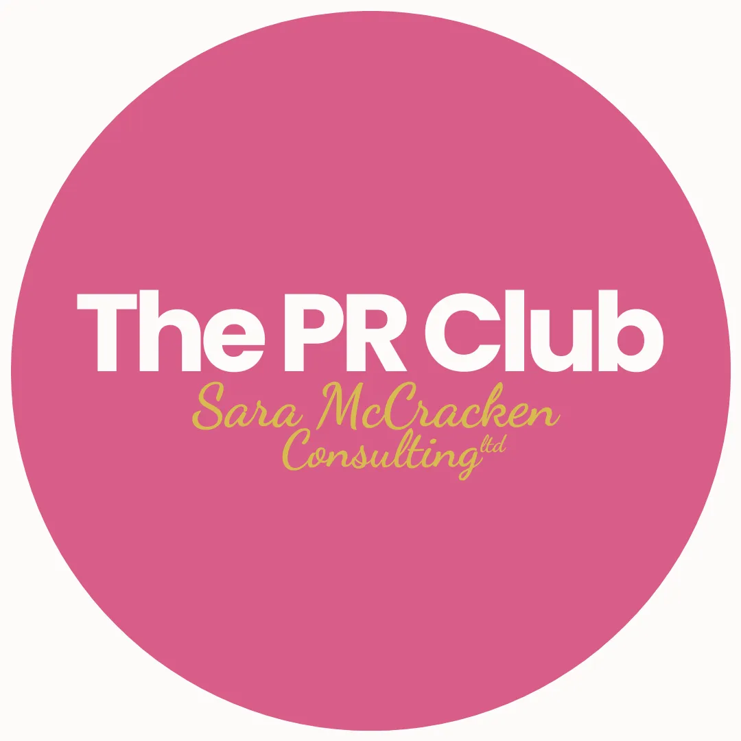 The PR Club white text on a pink background with golden text saying Sara McCracken Consulting Ltd underneath